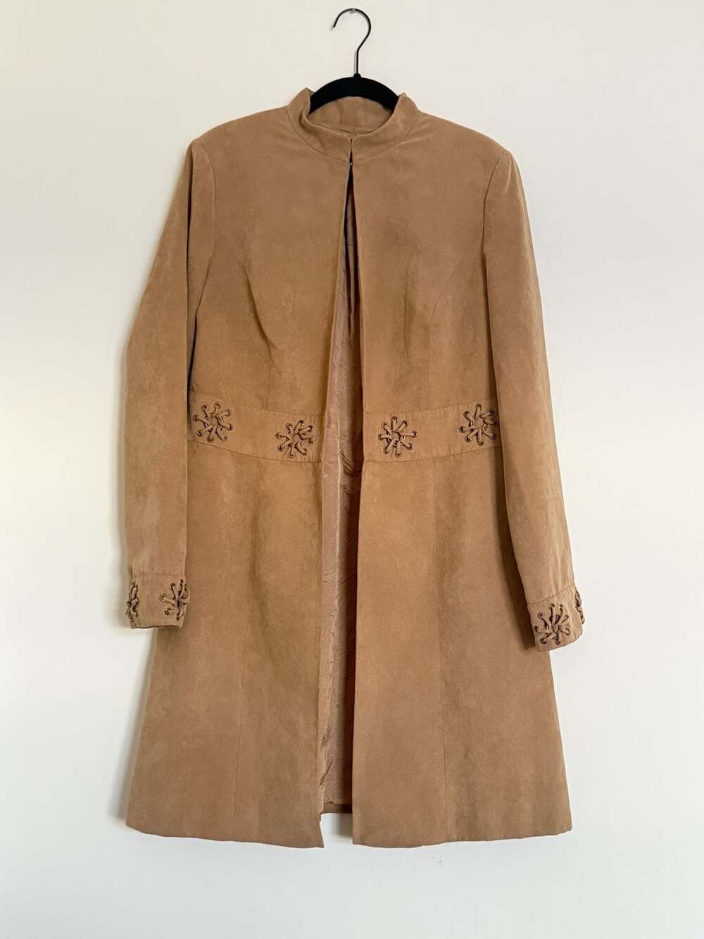 Sandra & Andre Faux Suede Long Coat with Laced Floral Details Size M